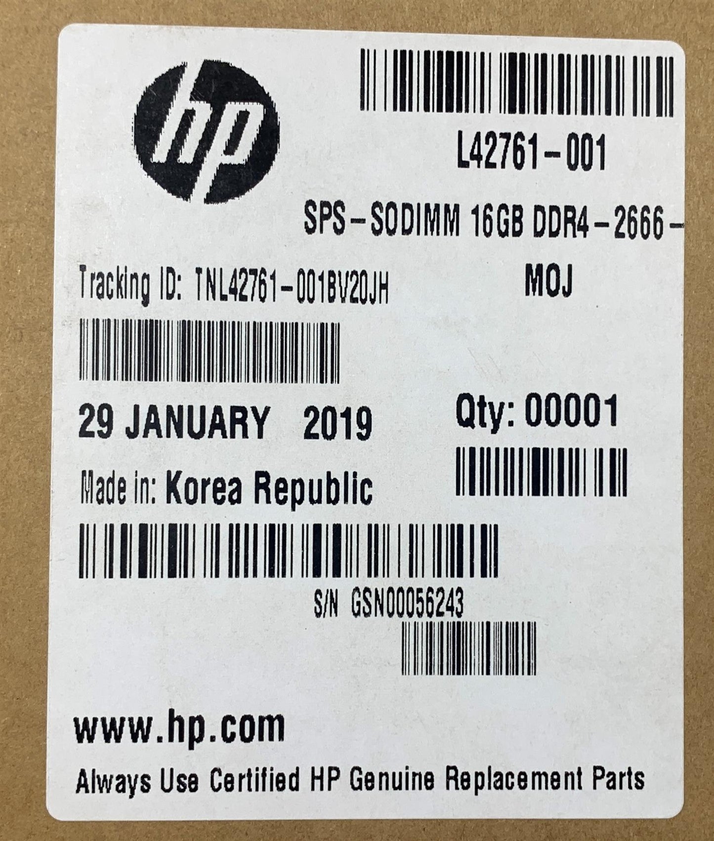 A102 HP L42761-001 SK Hynix HMA82GS6CJR8N-VK Ram Memory DDR4 16 GB PC4 2666 MHz NEW