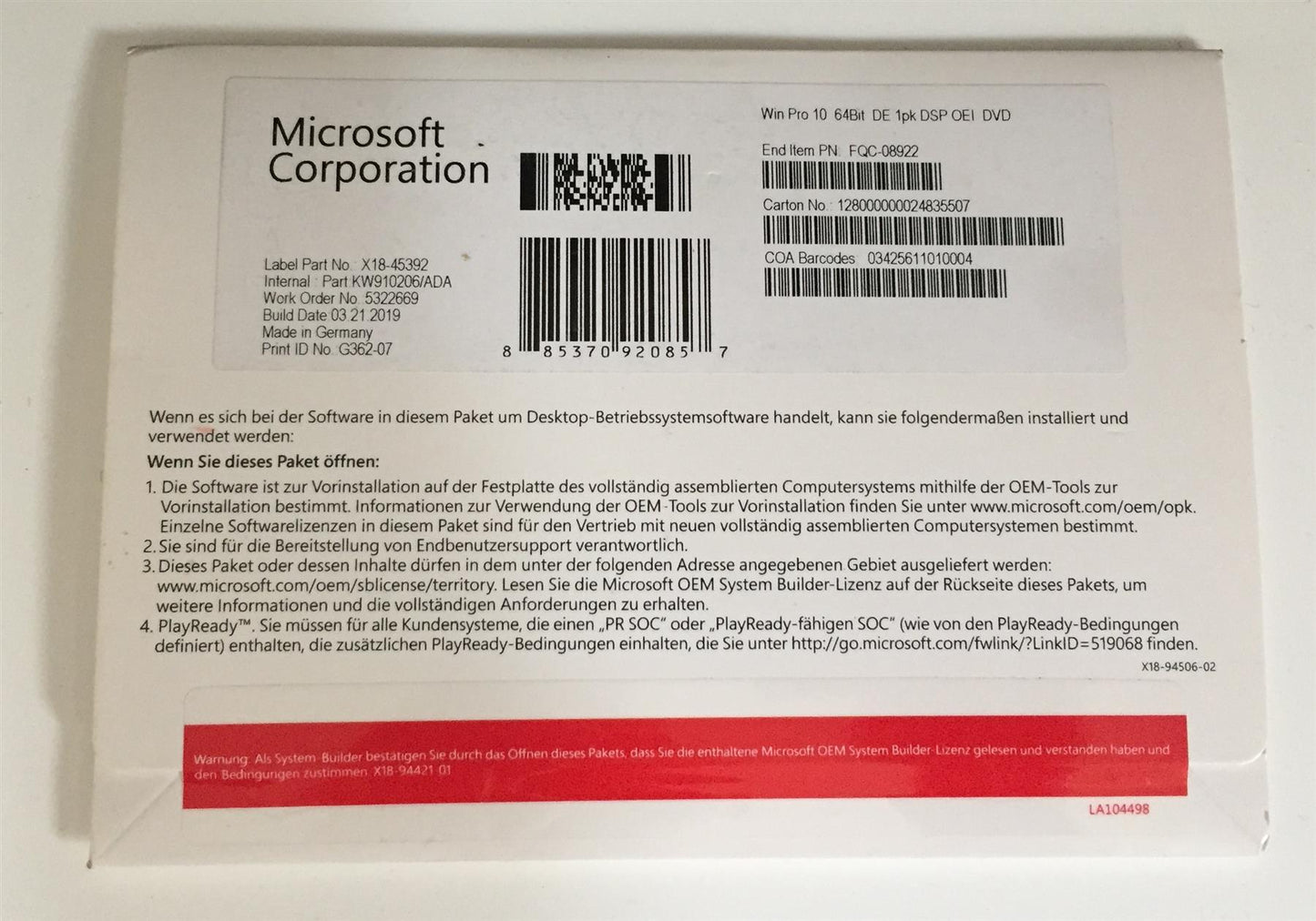 Microsoft Windows 10 64bit DVD Key DE German 1pk DSP OEI DVD Deutsche NEW