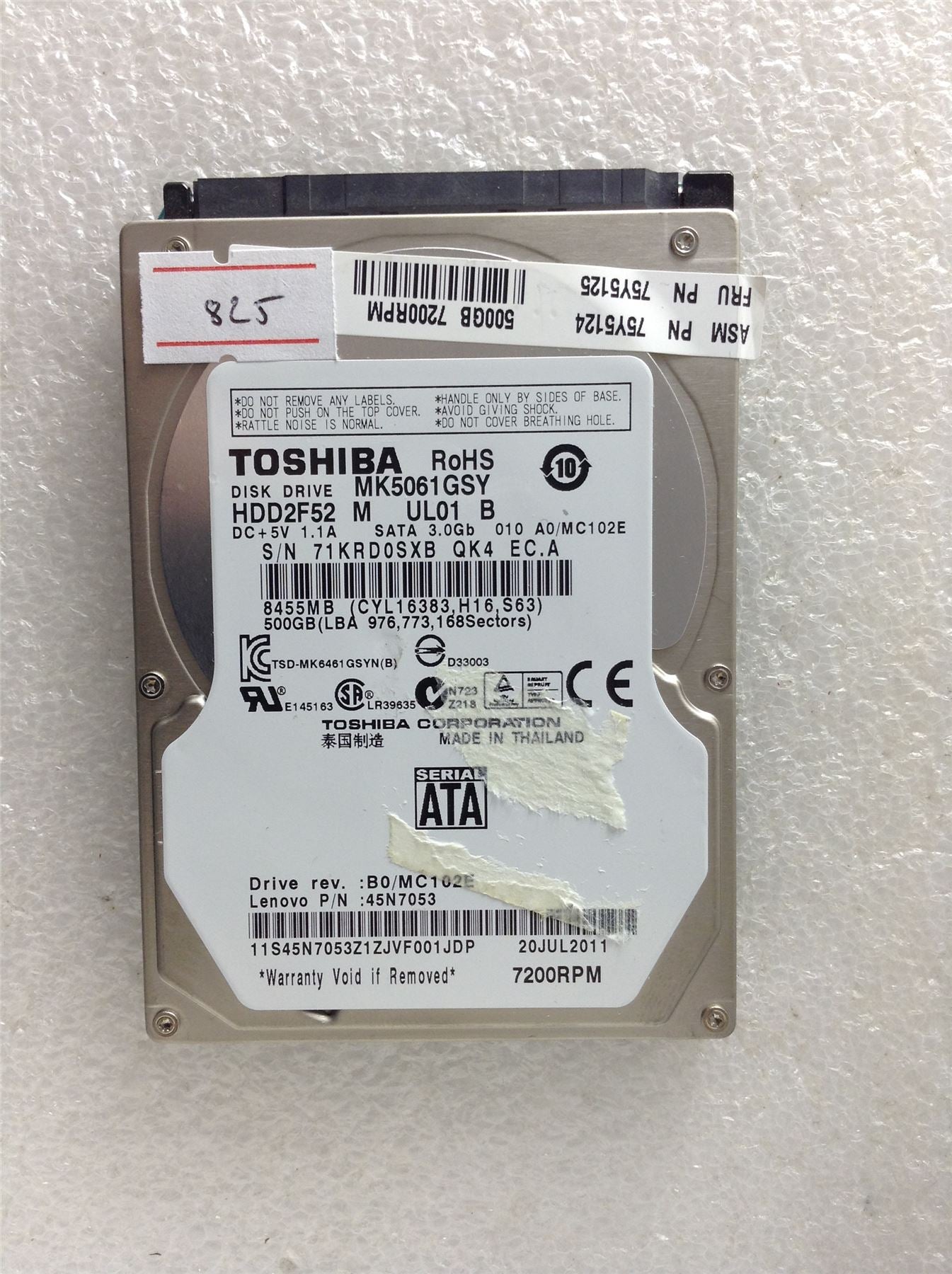 Hard Disk Drive HDD spares parts FAULTY TOSHIBA 500GB MK5061GSY HDD2F52 UL01