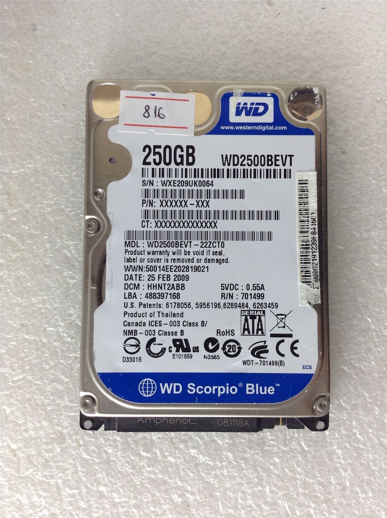 Hard Disk Drive HDD spares parts FAULTY WESTERN DIGITAL 250GB WD2500BEVT-22ZCT0