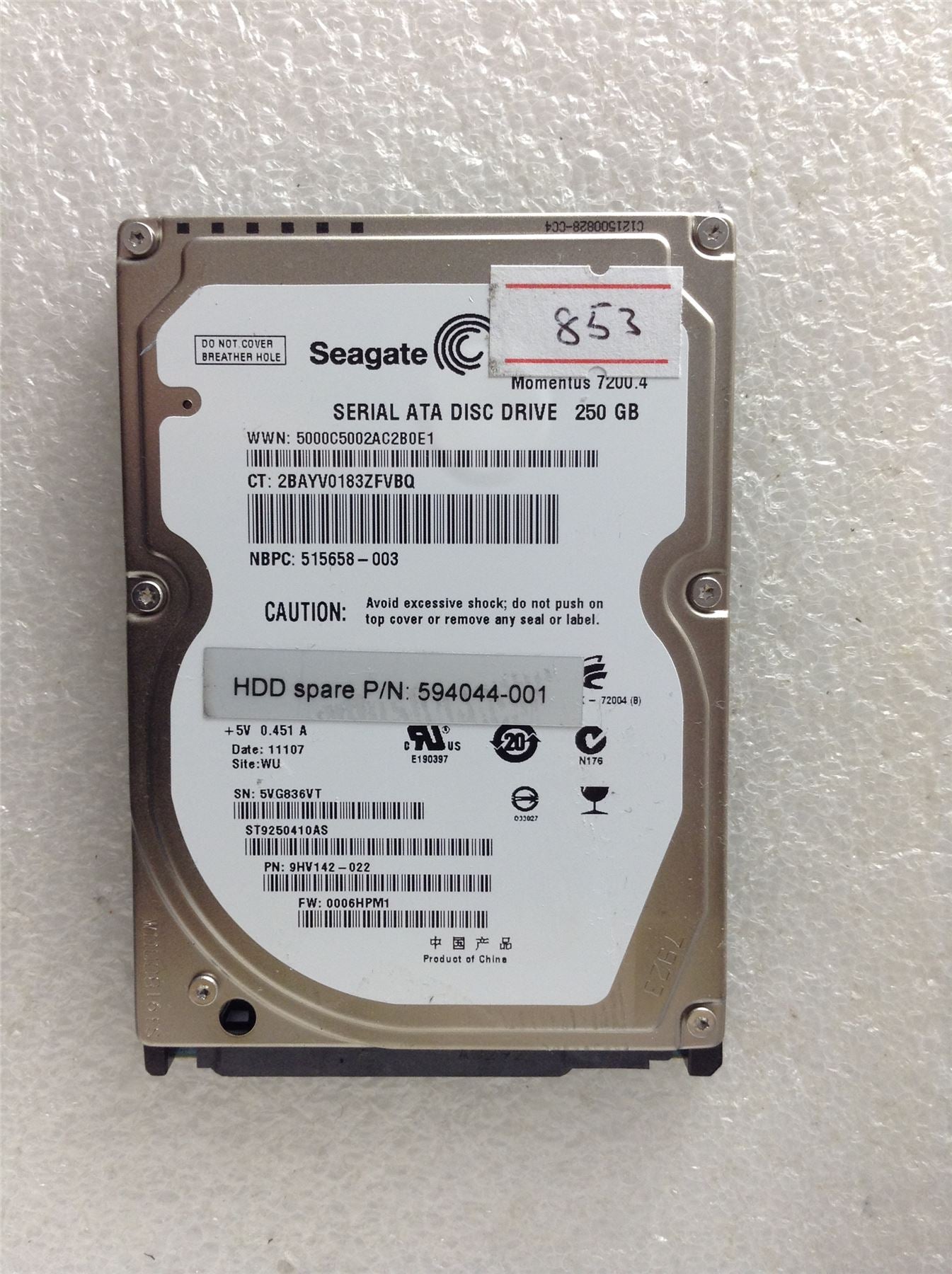 Hard Disk Drive HDD spares parts FAULTY SEAGATE 250GB ST9250410AS 9HV142-022 A