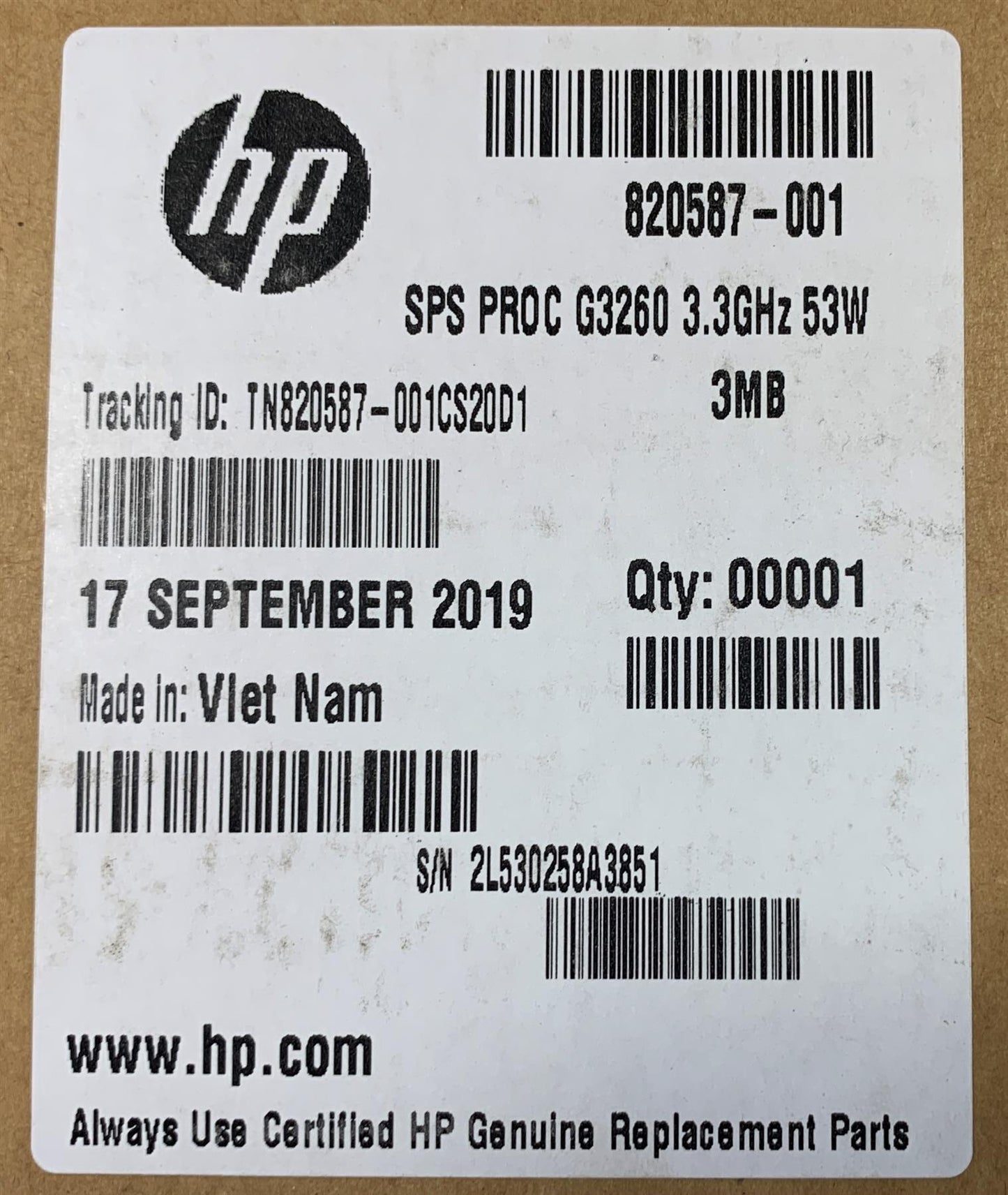 USED - For Used HP 820587-001 CPU Intel Pentium G3260 SR1K8 Processor X532A903