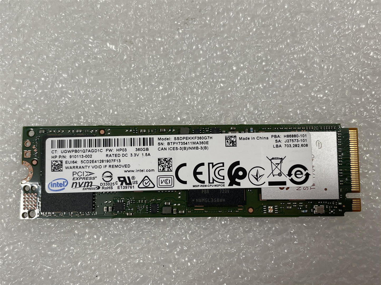 For HP 919691-003 Intel PCIe NVMe 360GB SSD Solid State Drive M.2 SSDPEKKF360G7H