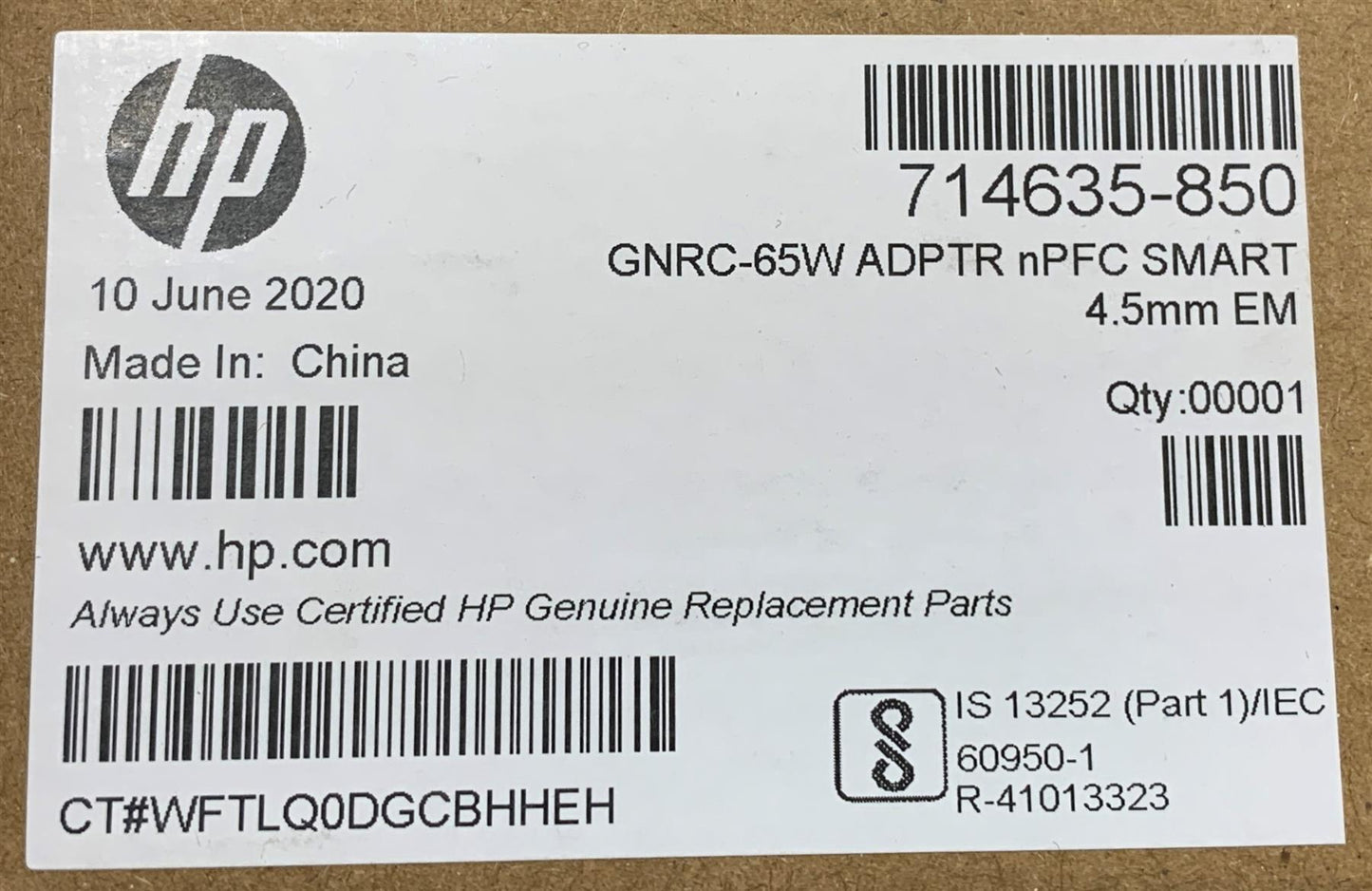 HP 714635-850 Charger Adapter 65W AC Adapter nPFC With Power Cable NEW