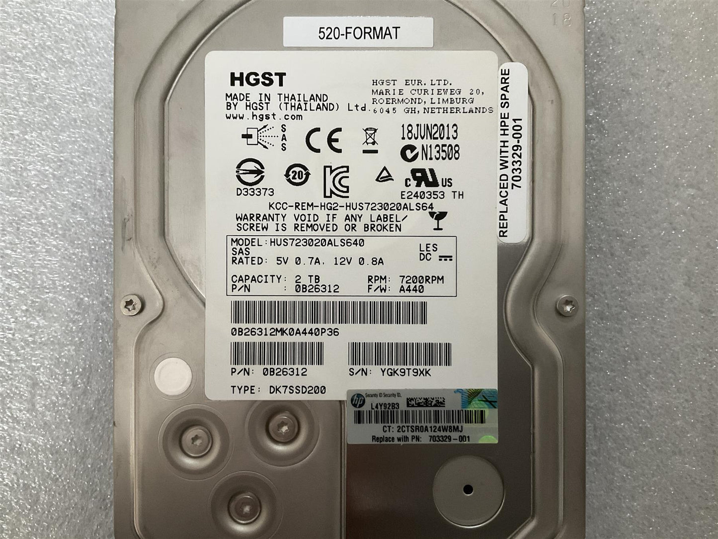 HP 703329-001 HGST HUS723020ALS640 2TB 3.5 inch SAS HDD Hard Disk Drive 7200RPM