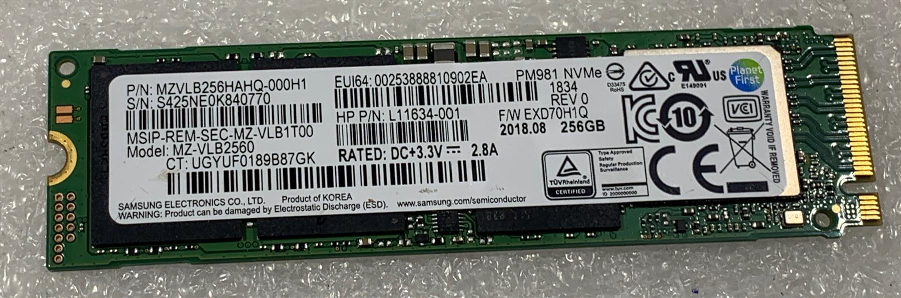 HP 942401-001 L11634-001 Samsung SSD 256GB m.2 2280 NVMe MZ-VLB2560 Ge