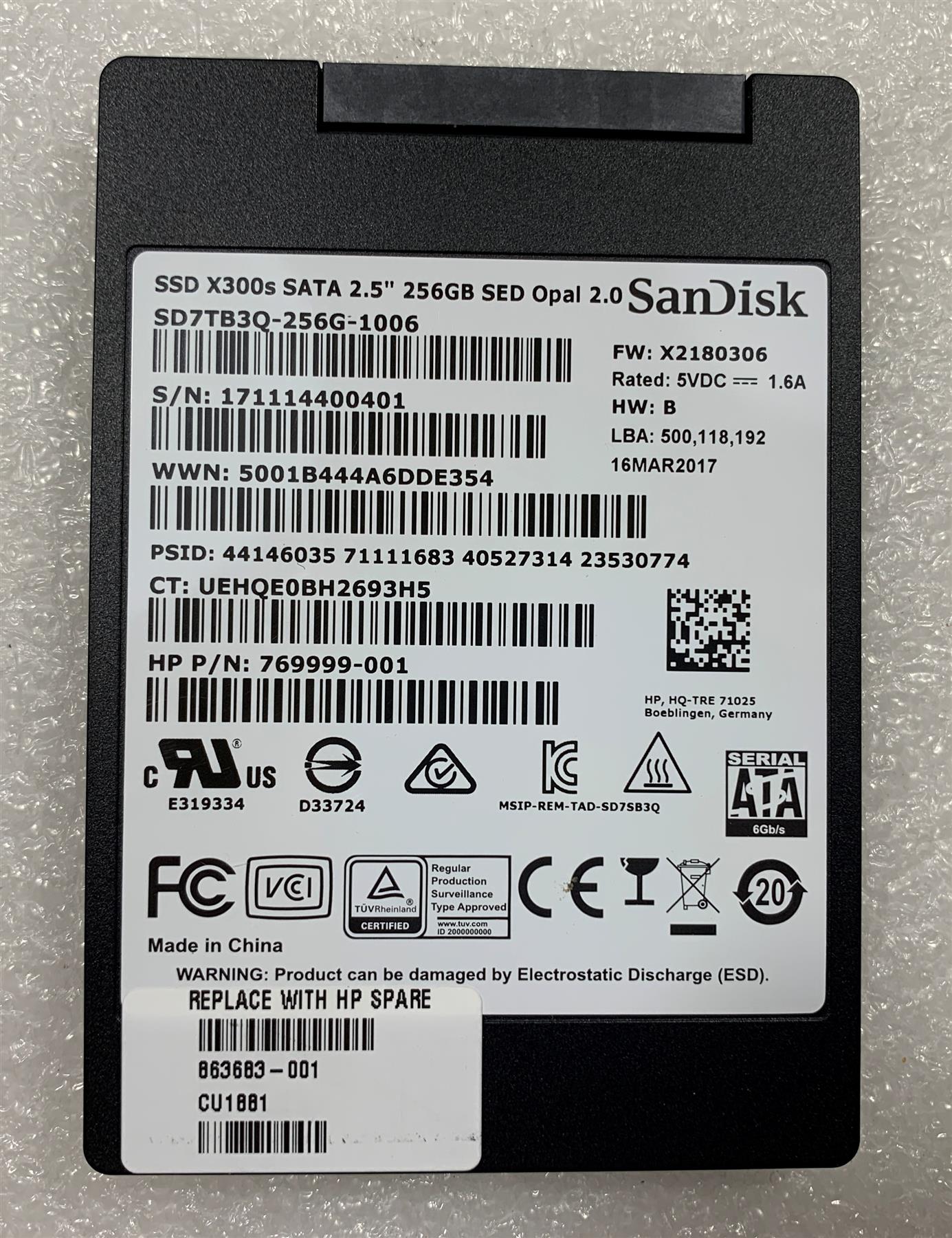 HP 863683-001 Sandisk SSD Solid State Drive X300s 256GB SED OPAL 2.0  Genuine NEW