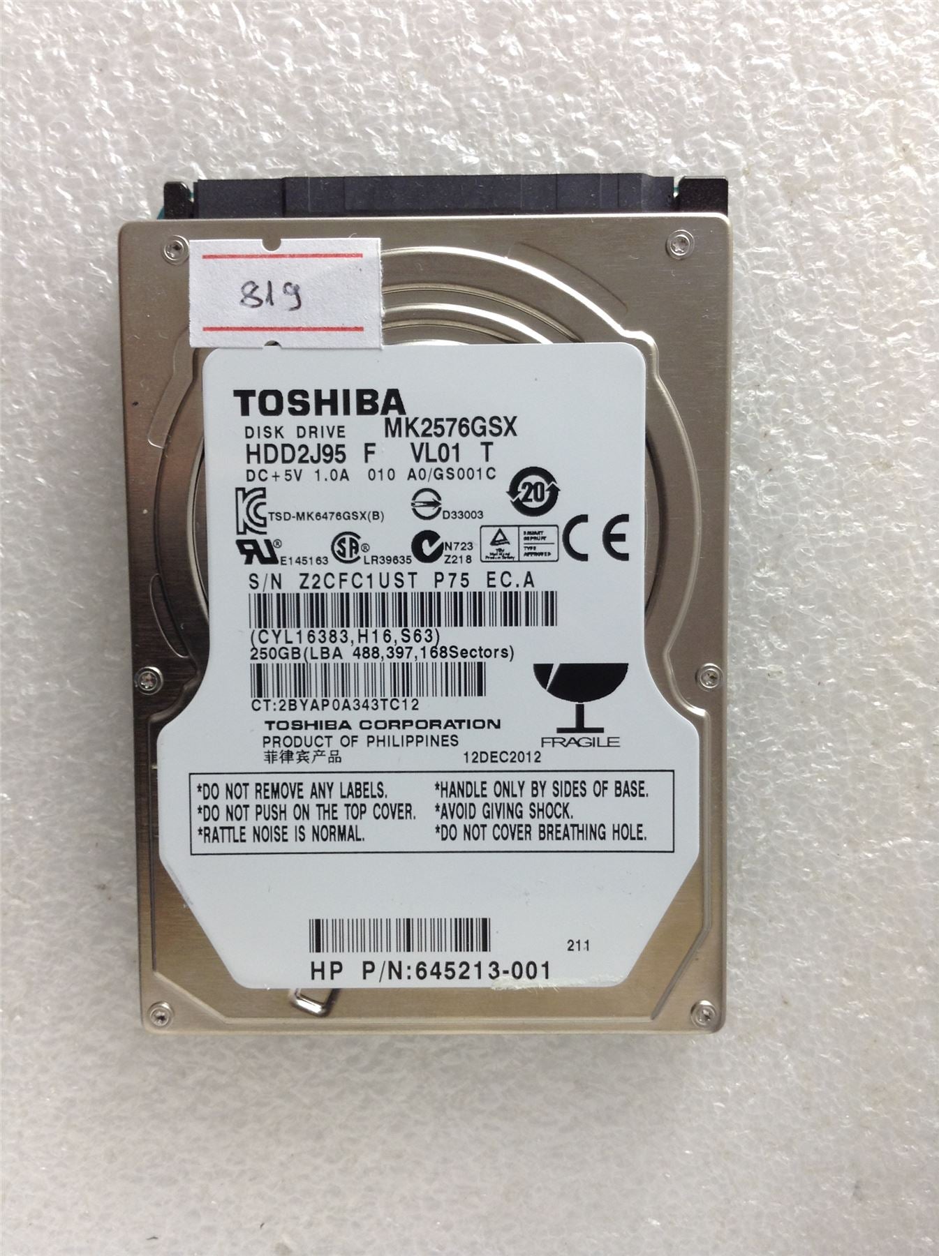 Hard Disk Drive HDD spares parts FAULTY TOSHIBA 250GB MK2576GSX HDD2J95 VL01