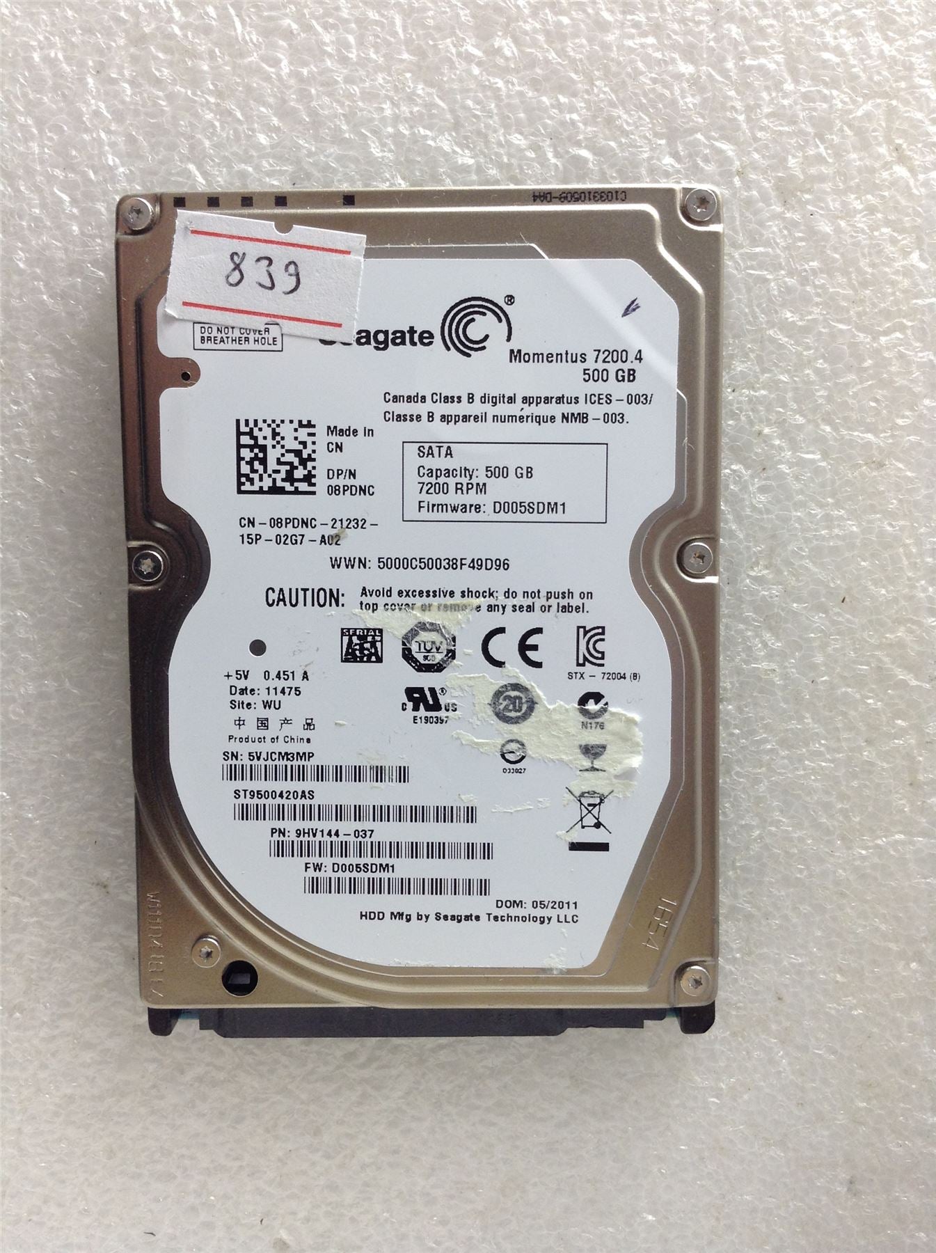 Hard Disk Drive HDD spares parts FAULTY SEAGATE 500GB ST9500420AS GHV144-037