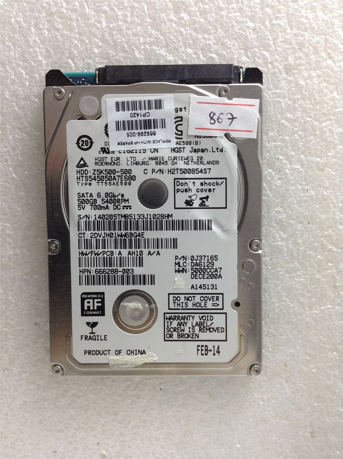 Hard Disk Drive HDD spares parts FAULTY HITACHI HGST 500GB Z5K500-500 0J37165