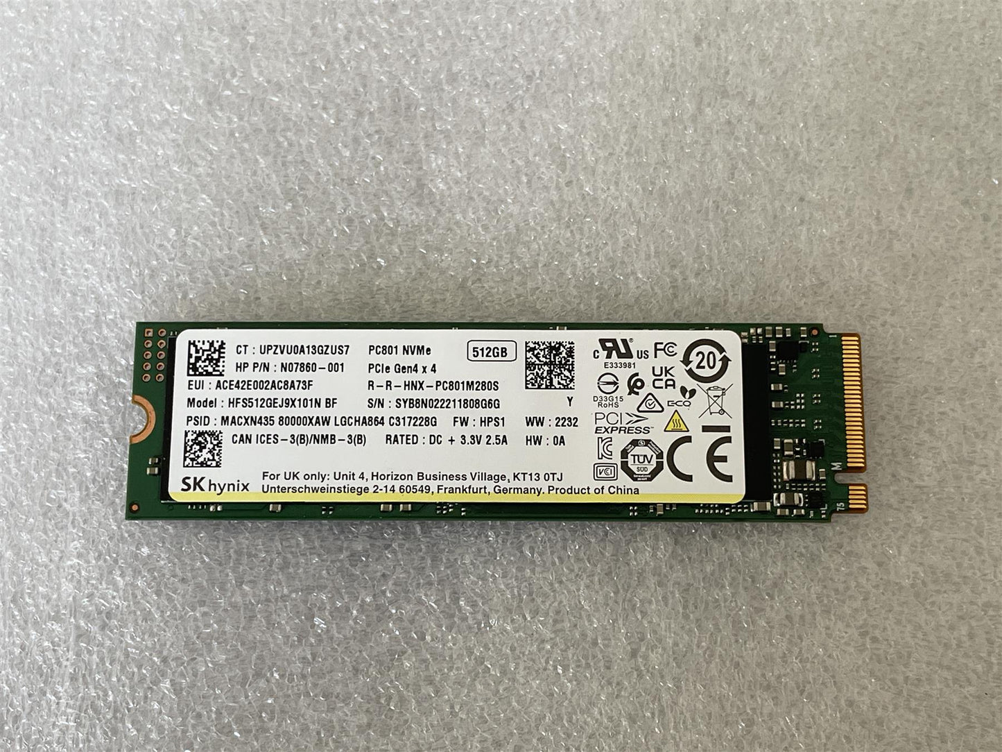 For HP N07860-001 SK Hynix PC801 NVMe 512GB M.2 NVMe PCIe SSD Solid State Drive