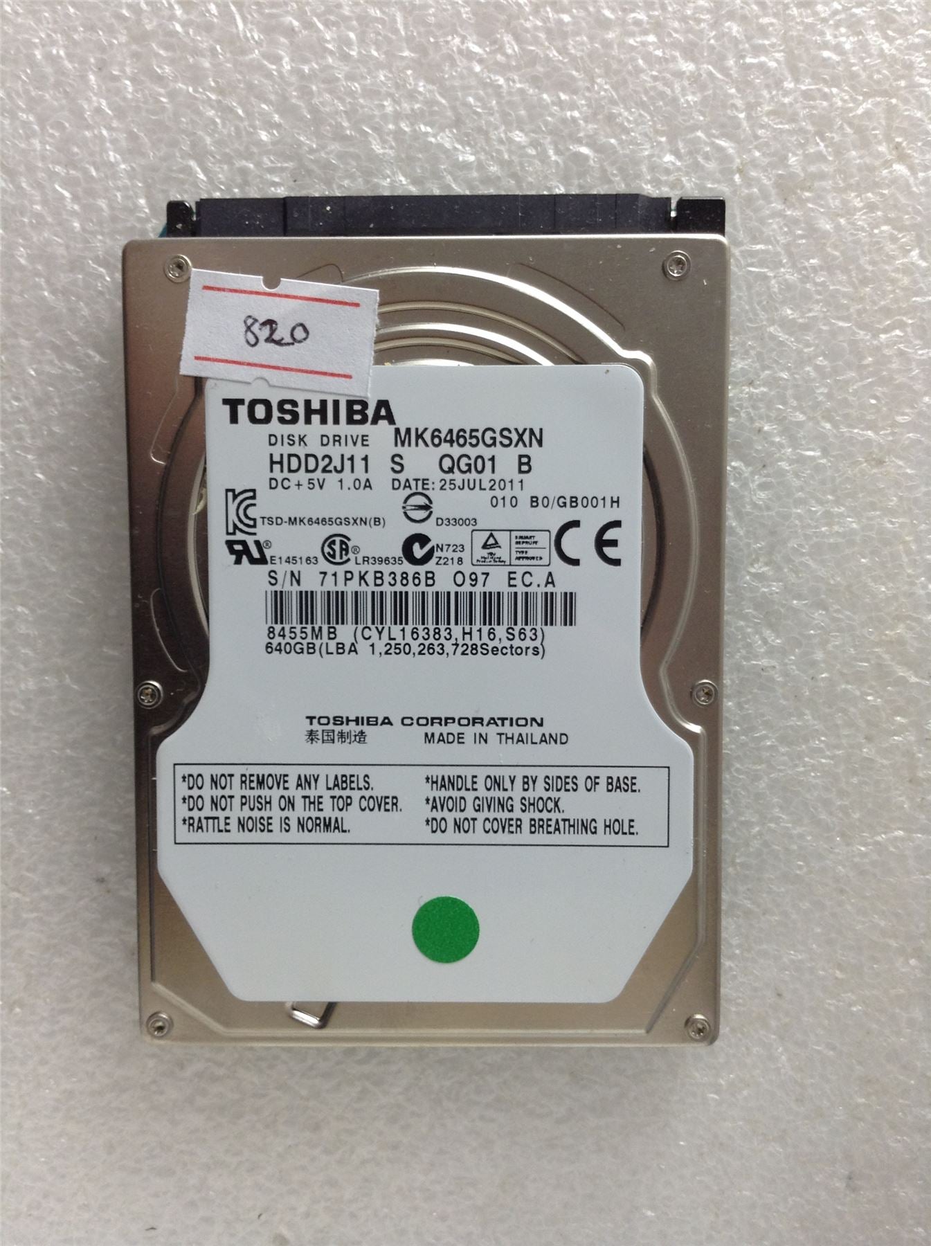 Hard Disk Drive HDD spares parts FAULTY TOSHIBA 640GB MK6465GSXN HDD2J11 QG01