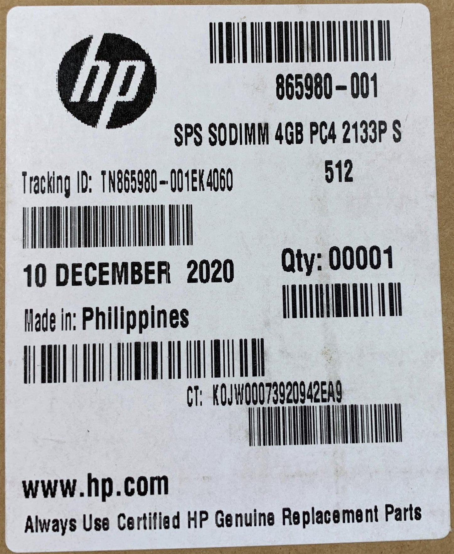 HP 865980-001 Samsung K0JW00073920942EA9 4 GB PC4 DDR4 2400T Ram Memory