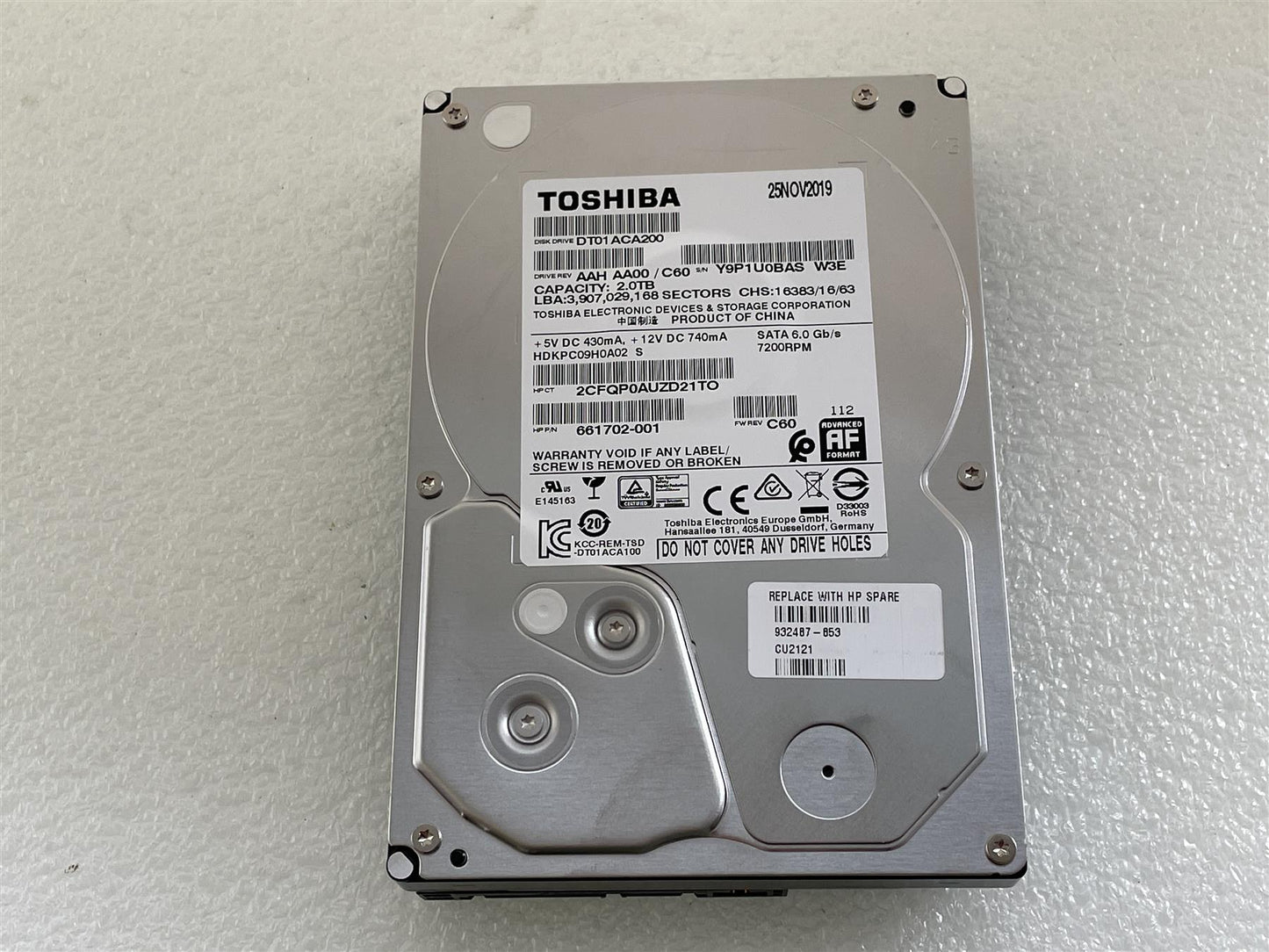 A102 - For HP 932487-853 Toshiba DT01ACA200 2.0TB 2TB 7200RPM HDD Hard Disk Drive 3.5