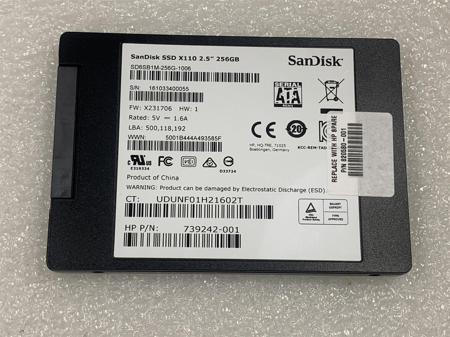 HP 820580-001 739242 Sandisk X110 256GB Solid State Drive SD6SB1M-256G-1006 SATA