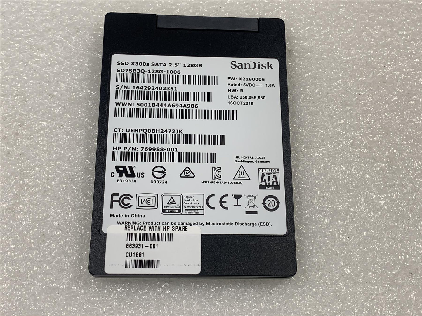 HP 863931-001 769988-001 Sandisk X300s SATA 2.5 inch Solid State Drive 128GB