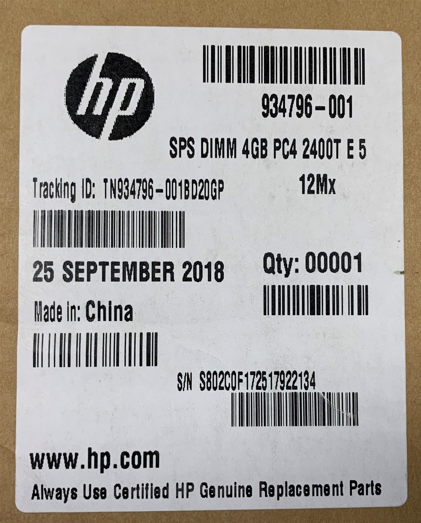HP 934796-001 Micron MTA9ASF51272AZ-2G3B1ZG Ram 4GB 2400T MHz DDR4 Memory NEW