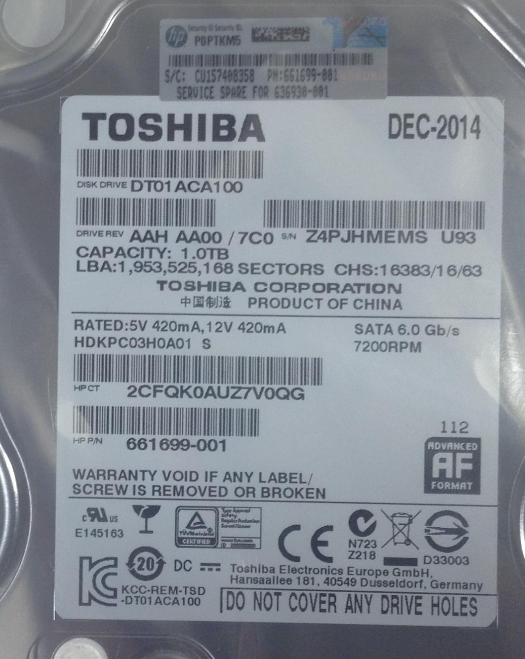 Hp Pavilion 661699-001 Toshiba 1 TB 6Gb/s  3.5 HDD Hard Drive DT01ACA100 NEW