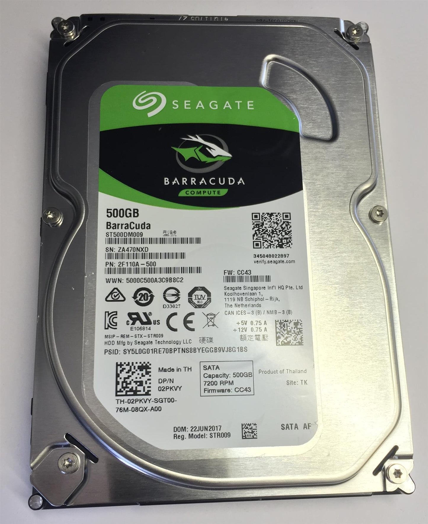 for HDD-3.5-ST500DM009 500GB Seagate Barracuda PN 2F110A-500 DPN 02PKVY 2PKVY  Reg Model STR009 XXX002 mi XXX009