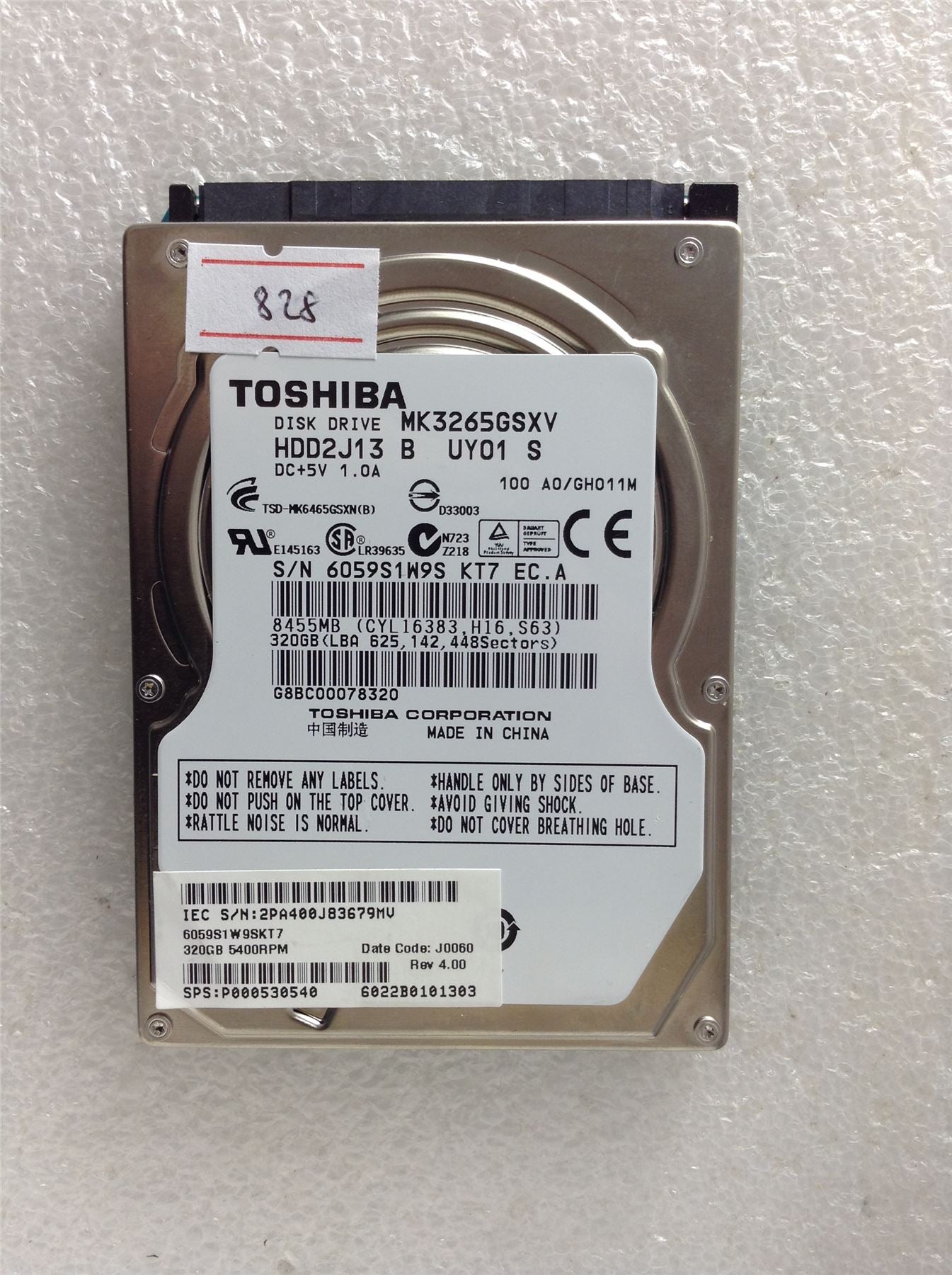 Hard Disk Drive HDD spares parts FAULTY TOSHIBA 320GB MK3265GSXV HDD2J13 UY01