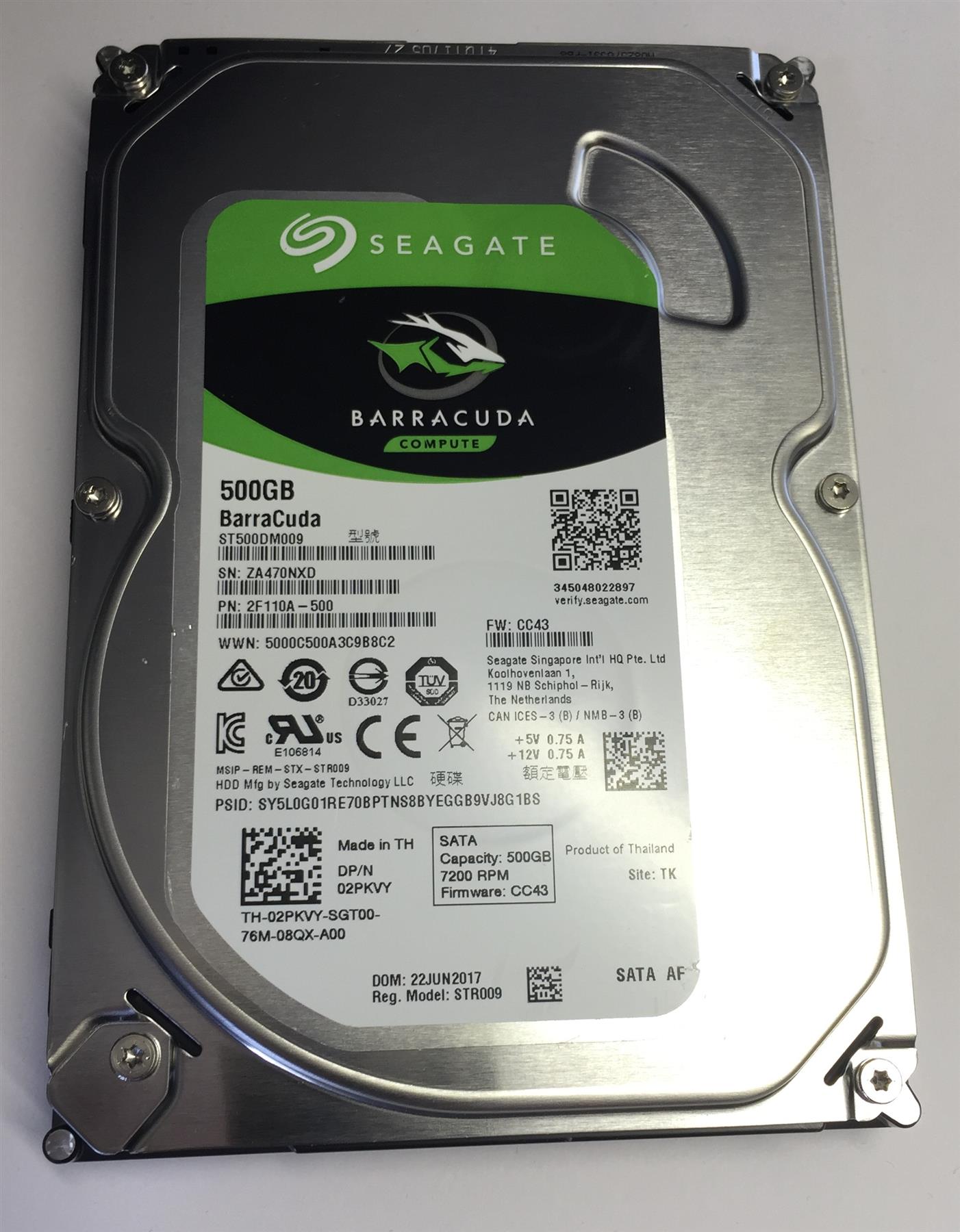 for HDD-3.5-ST500DM009 500GB Seagate Barracuda PN 2F110A-500 DPN 02PKVY 2PKVY  Reg Model STR009 XXX002 mi XXX009