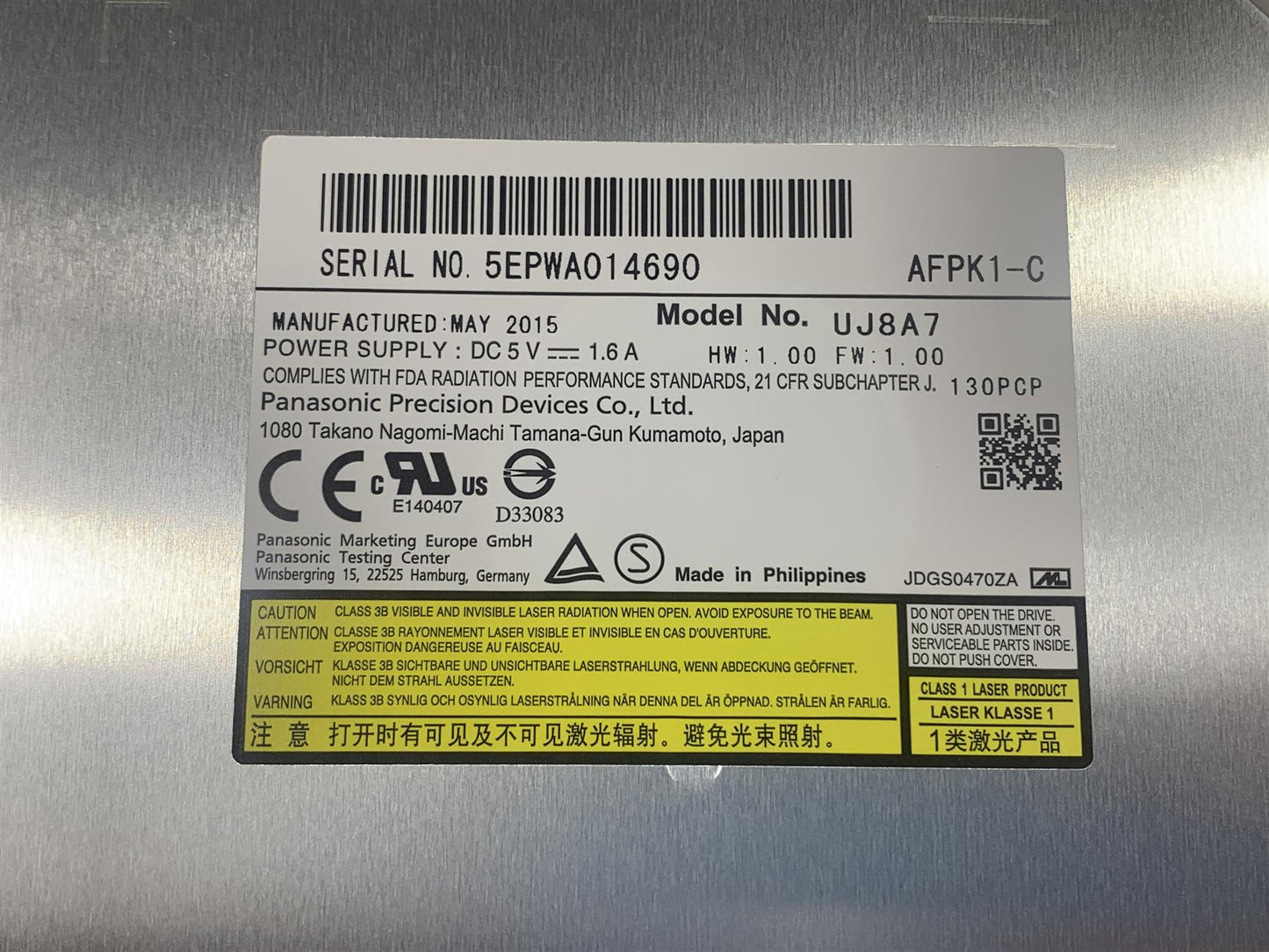 For Dell 0CVGKW Panasonic UJ8A7 DVD-RW DVD Writer Burner Player SATA 9.5mm Slot AFPK1-C NEW