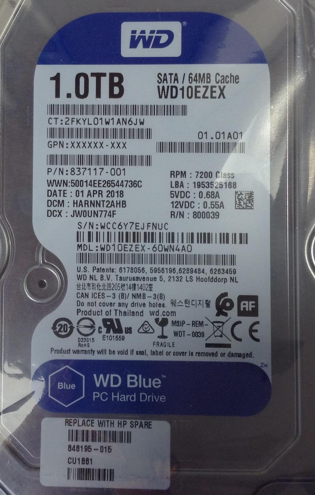 WD 1 TB 7200RPM SATA III 3.5 WD10EZEX - 60WN4A0 Hp 848195-001 848195-015 NEW
