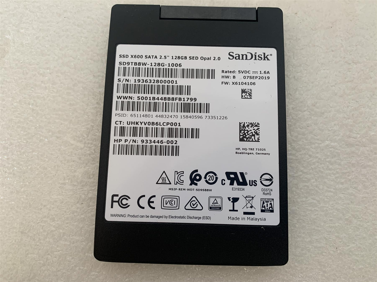 HP 933446-002 Sandisk x600 128GB Solid State Drive SATA SED Opal