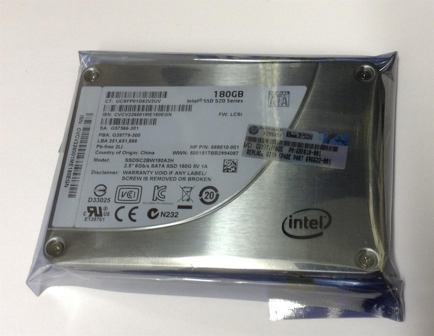 HP SSD 180GB 696622-001 INTEL SSDSC2BW180A3H Solid State Disk Drive SSD