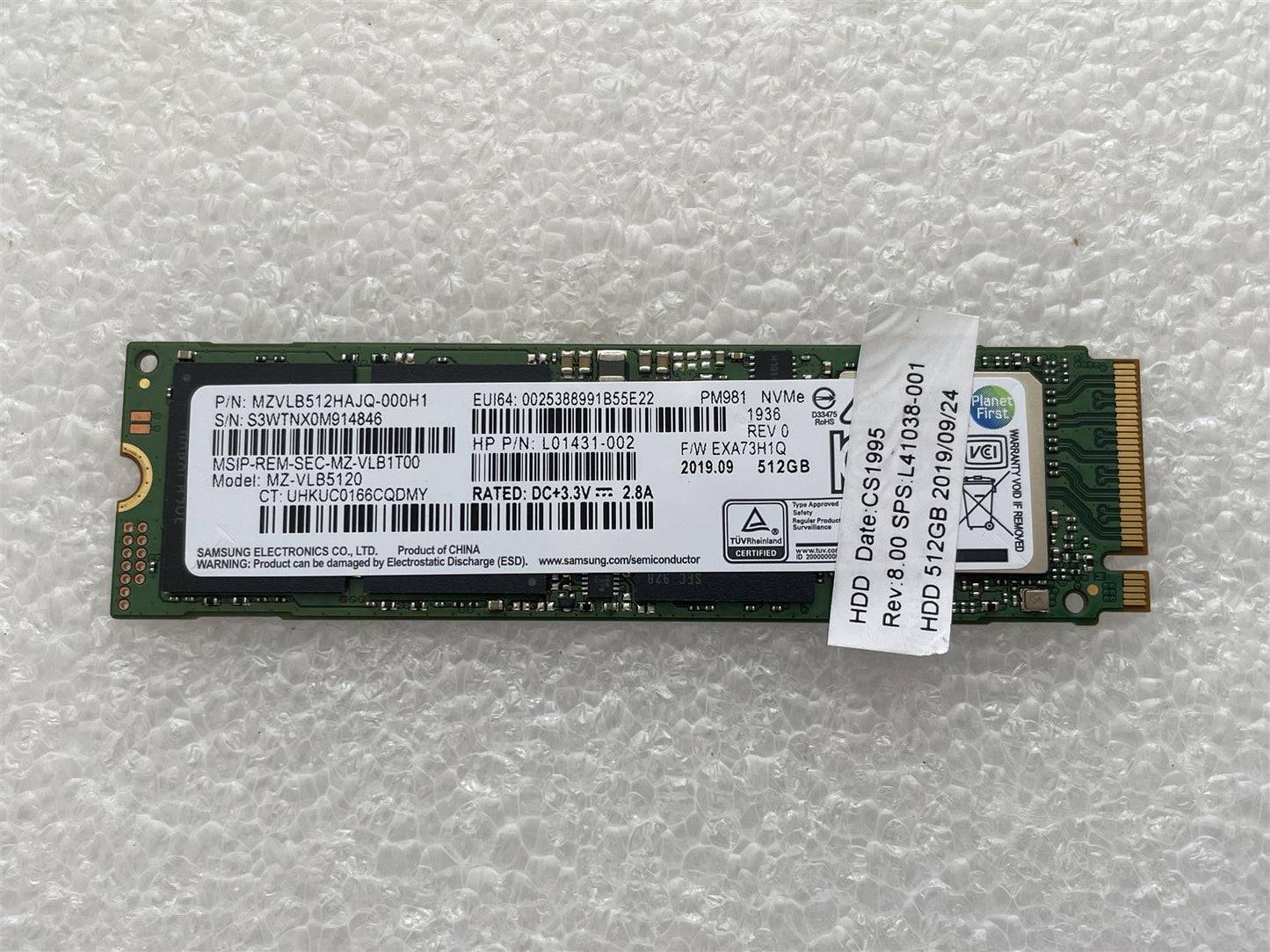 Hp 927680-001 Samsung MZVLB512HAJQ PM981 M.2 NVMe SSD Solid State Drive 512GB