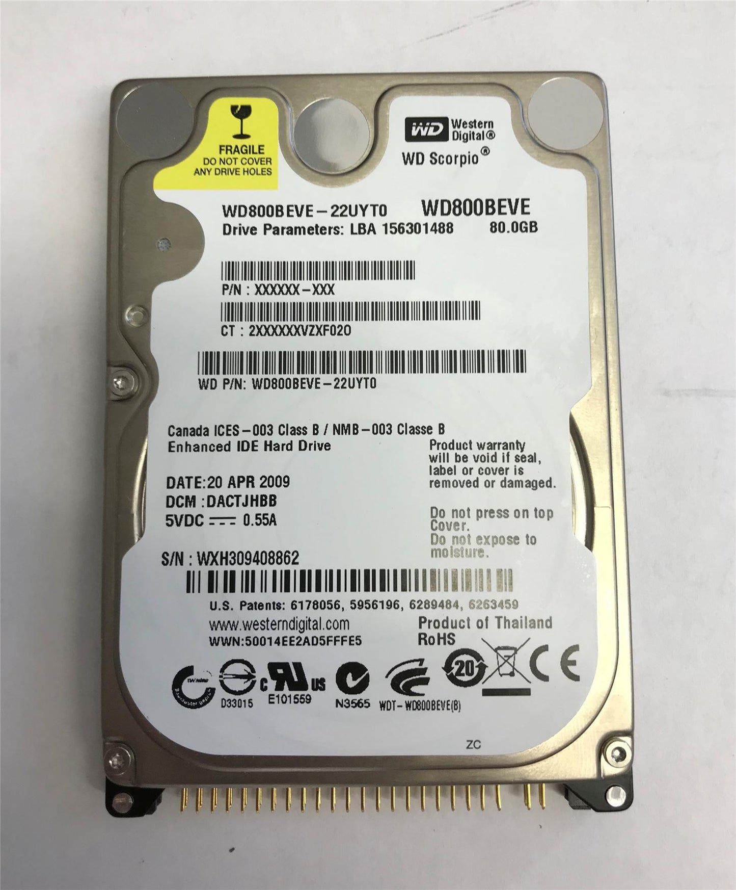Hard Drive Laptop 80 GB IDE 2.5" Western Digital Wd800beve-22uyt0 5400rpm