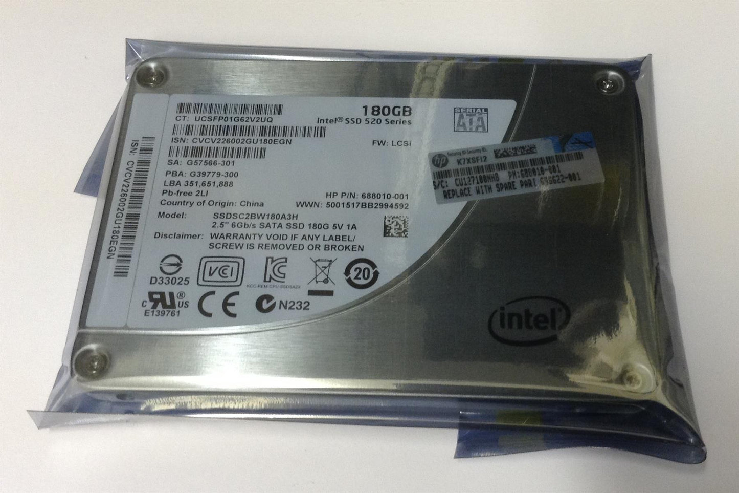 HP SSD 180GB 696622-001 INTEL SSDSC2BW180A3H Solid State Disk Drive SSD