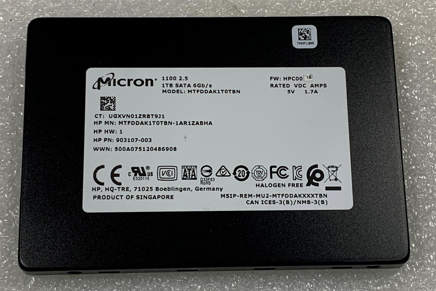 HP ZBook 15 G5 L68868-001 also sending L66208-001 1TB Micron Solid State Drive SSD SATA MTFDDAK1T0TBN