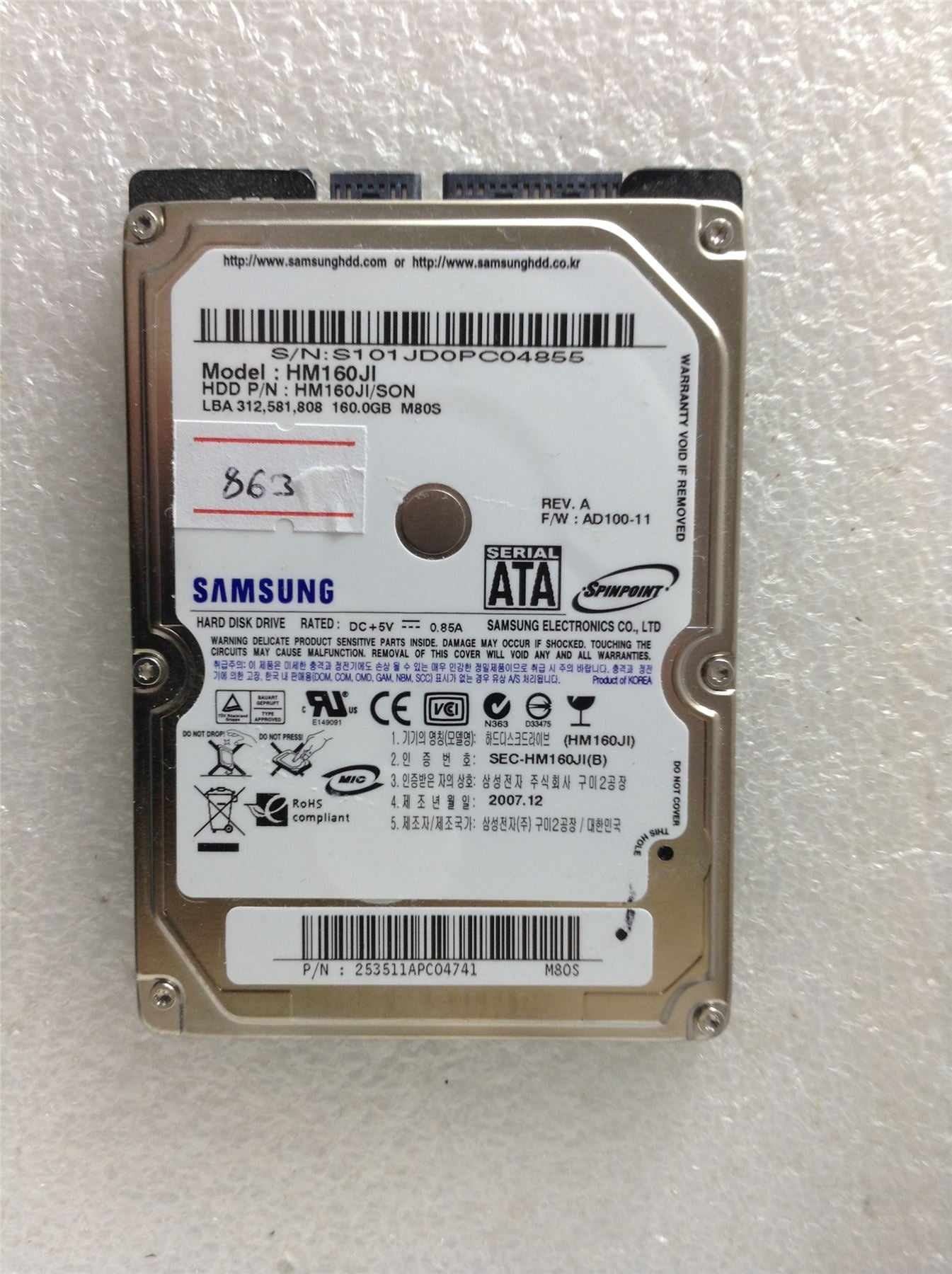Hard Disk Drive HDD spares parts FAULTY SAMSUNG 160GB HM160JI HN160JI/SON