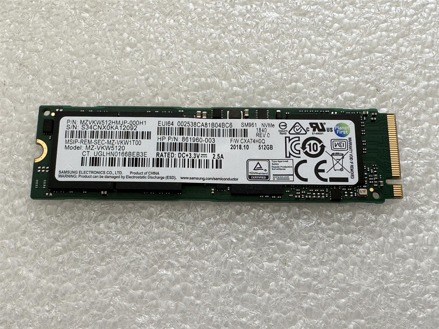 For Hp 935350-001 Samsung MZVKW512HMJP SM961 NVMe SSD Solid State Drive 512GB