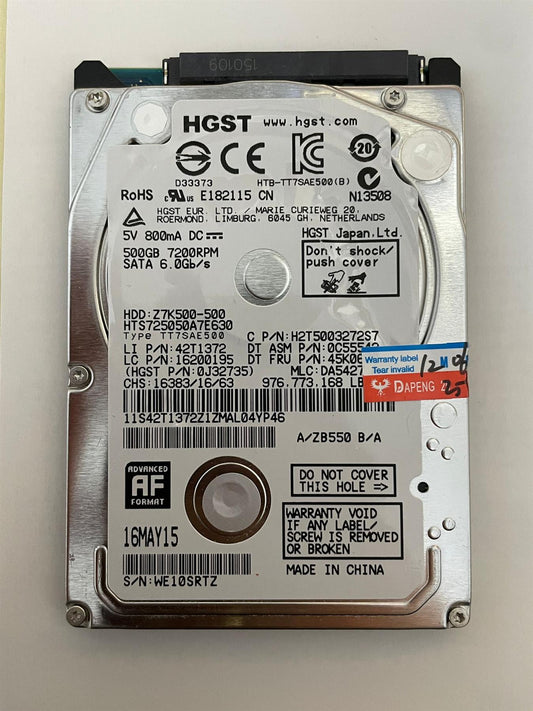 For Hitachi HGST 500GB HTS725050A7E630 Z7K500-500 7200 RPM 7200RPM 2.5 inch SATA HDD Hard Disk Drive Disc 6.0Gb/s 42T1372 16200195 0J32735 H2T5003272S7 0C55542 45K0678 DA5427