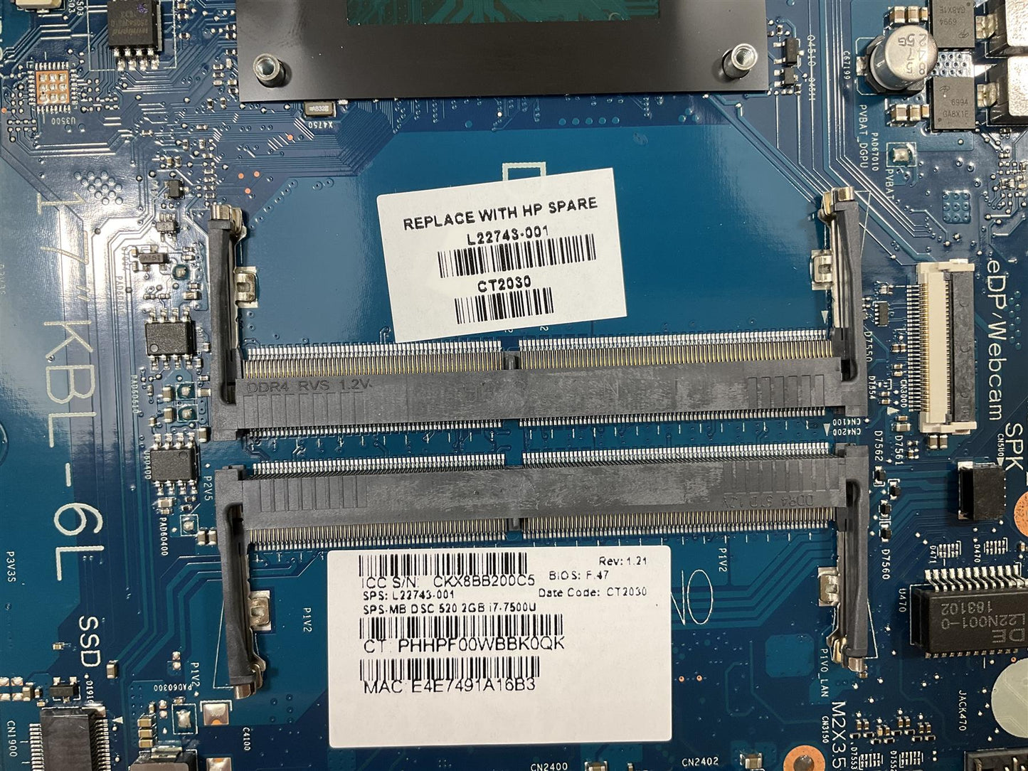 HP 17-BY L25438-001 L22743-001 Intel i7-7500U AMD Radeon 520 2GB DSC Motherboard