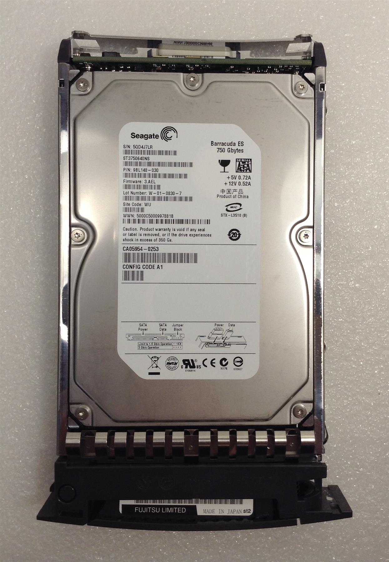 HDD ST3750640NS CA06600 EA22 750GB 7200rpm FUJITSU CA06600-E332 750GB 7.2K HOT PLUG HARD DRIVE NEW SATA DRIVE WITH FC ADAPTED CADDY