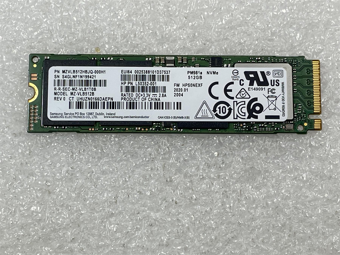 HP L58671-001 Samsung PM981A Solid State Drive SSD 512GB M.2 2280 MZVLB512HBJQ