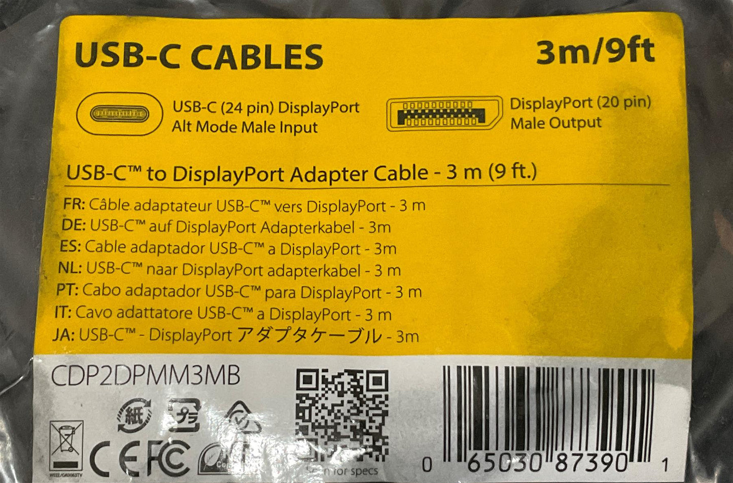 for Startech 3m USB-C to DisplayPort 1.2 Cable Adapter CDP2DPMM3MB Thunderbolt