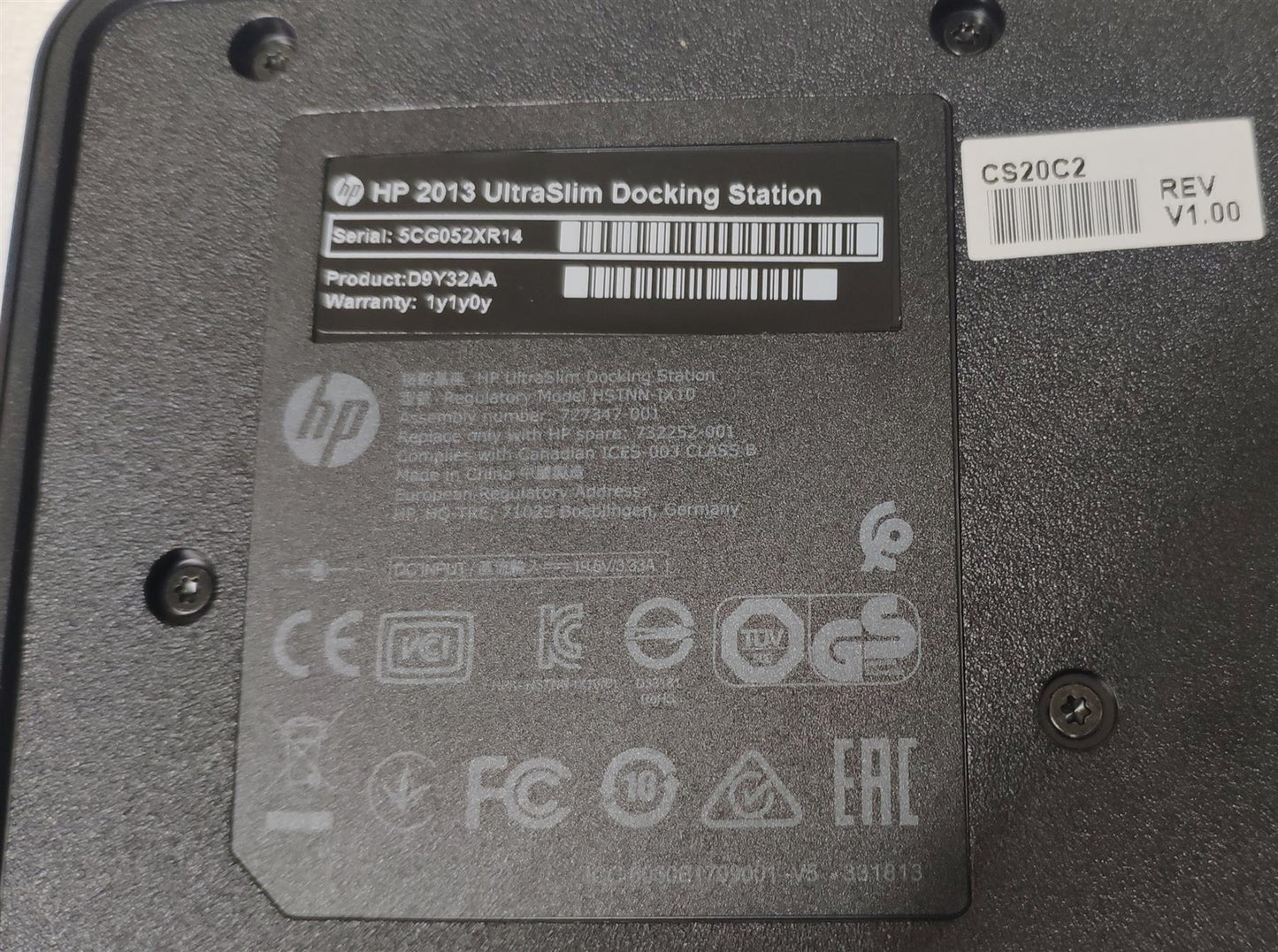 HP Docking D9Y32AA D9Y32AA#ABU UltraSlim Laptop Docking Station and 65w PSU Power Adapter UltraSlim Docking Station HSTNN-Ix10 727347-001 732252-001