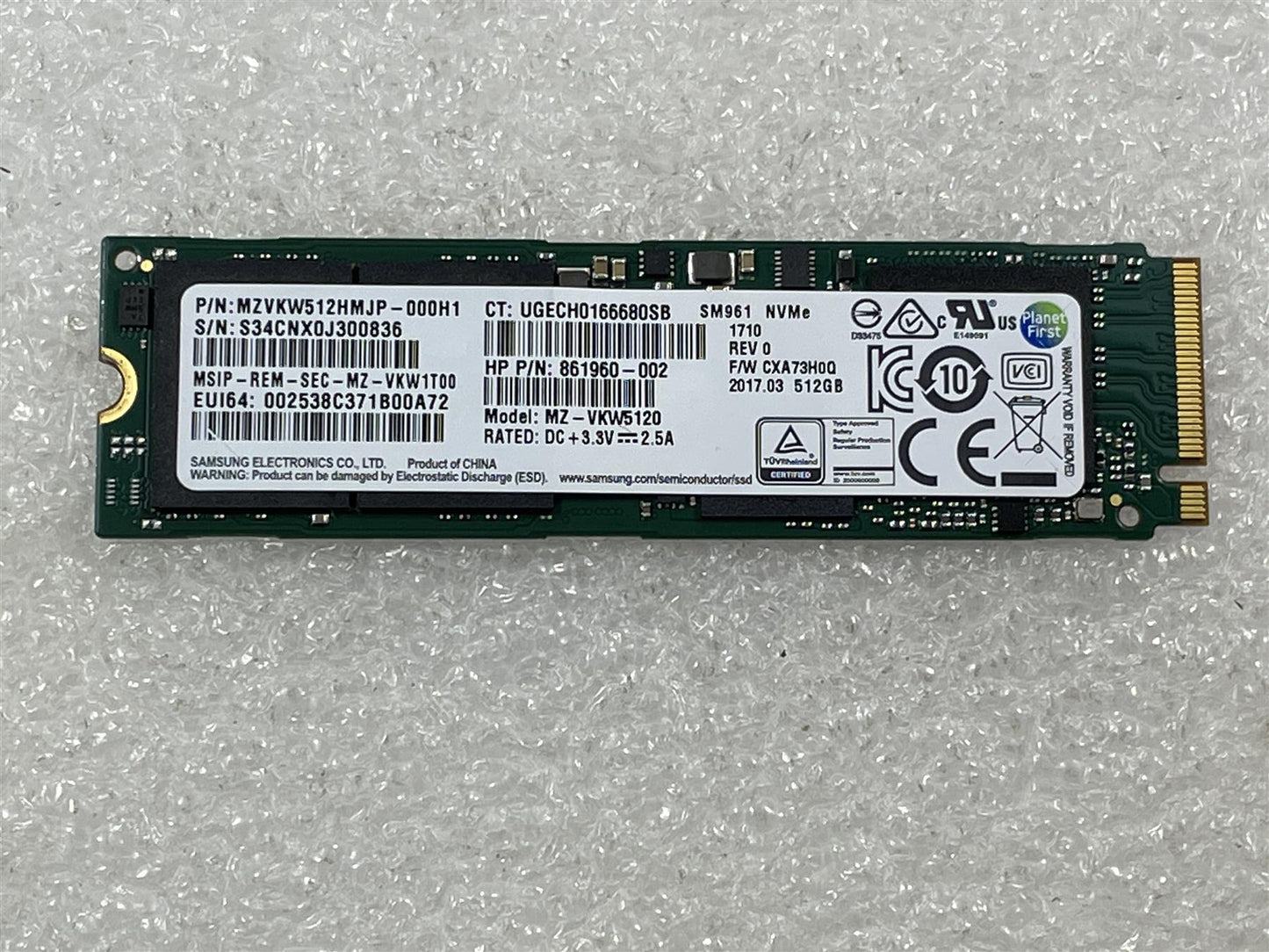 HP 848236-001 Samsung SM961 Solid State Drive SSD 512GB M.2 NVMe MZVKW512HMJP