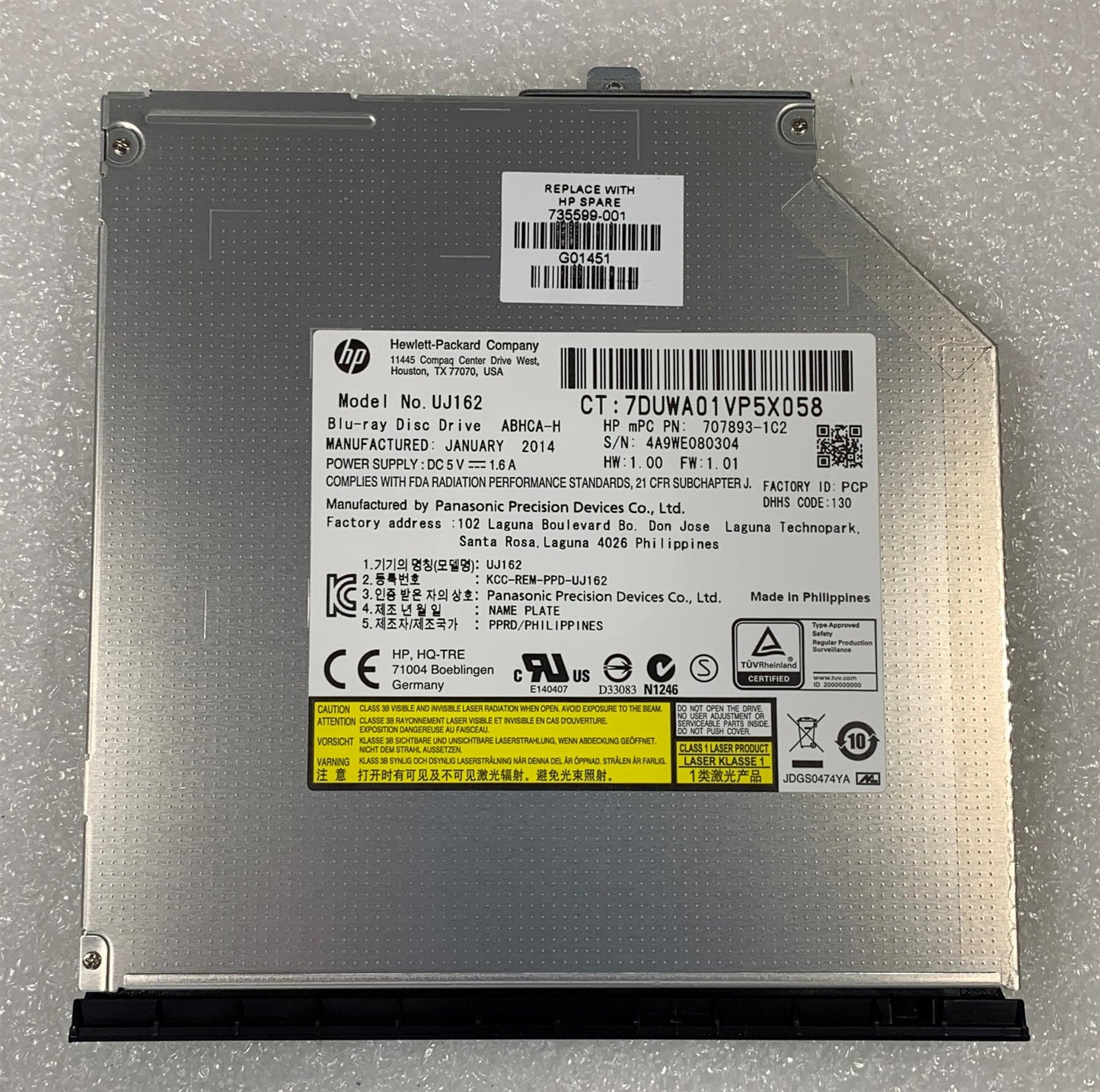 HP ZBook 15 17 G2 735599-001 UJ162 Blu-Ray Disc Drive DVD Writer 707893-1C2 NEW