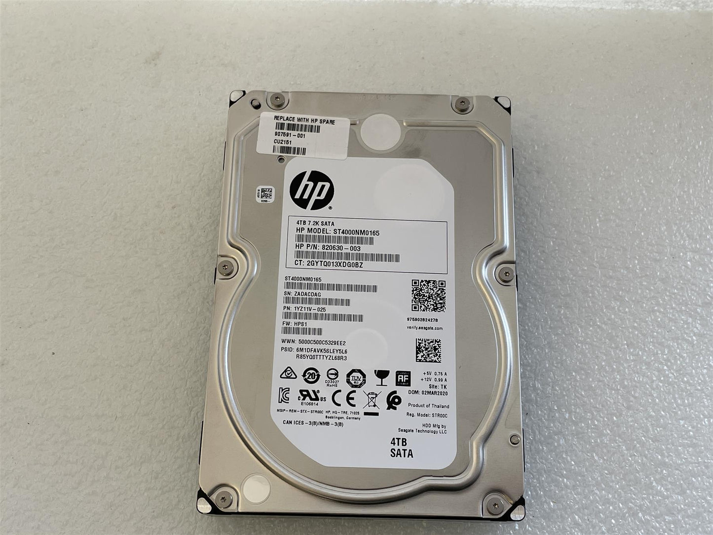 For HP 907591-001 820630-003 ST4000NM0165 4TB 7.2K Rpm SATA Hard Disk Drive HDD